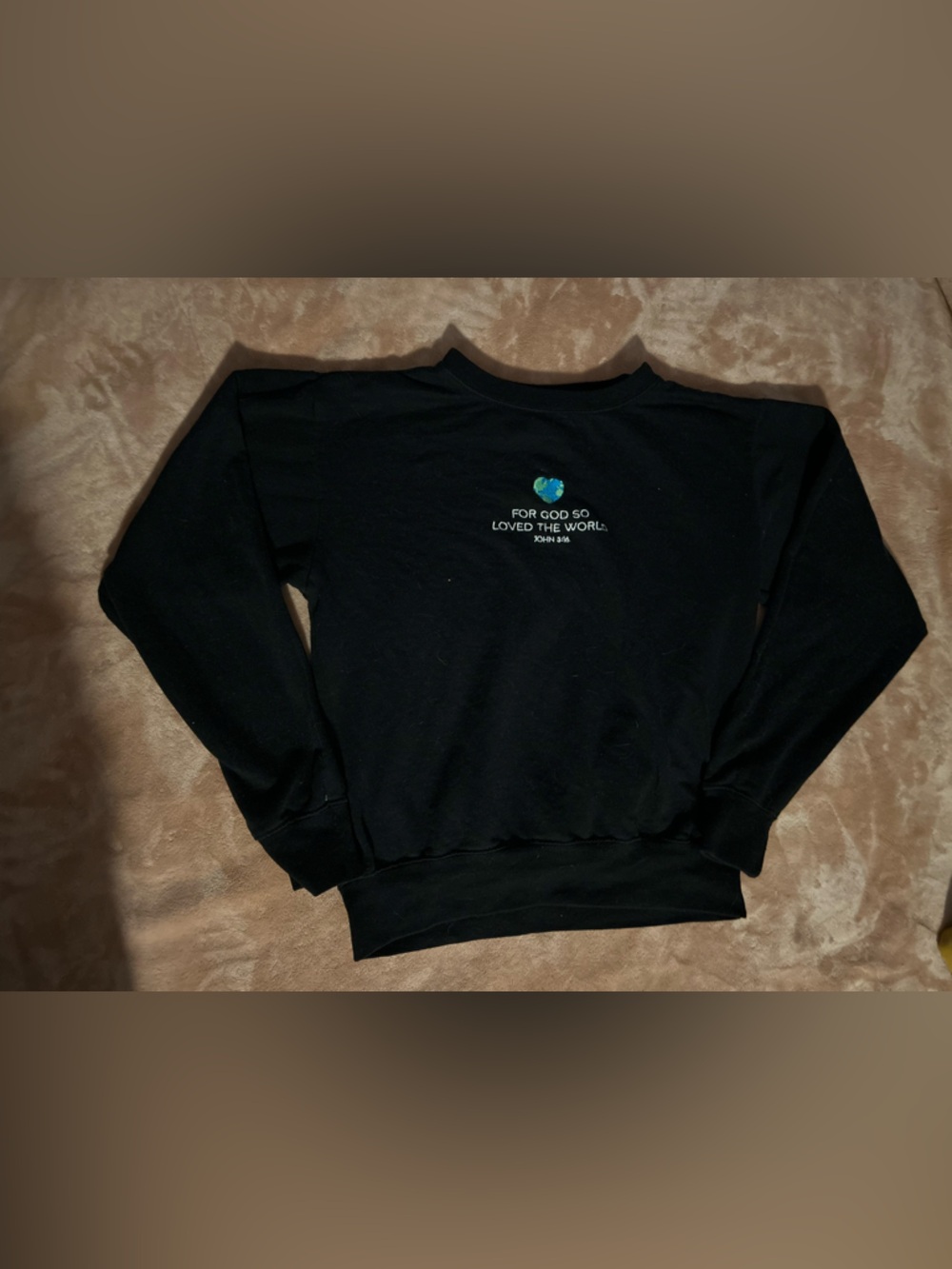 Black Crewneck Sweatshirt with Embroidered Earth Graphic